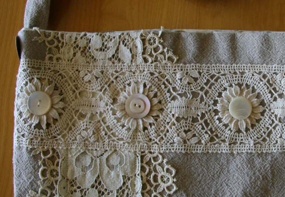 Fab OOAK Handmade Linen Shoulder Bag with Vintage Lace Trim