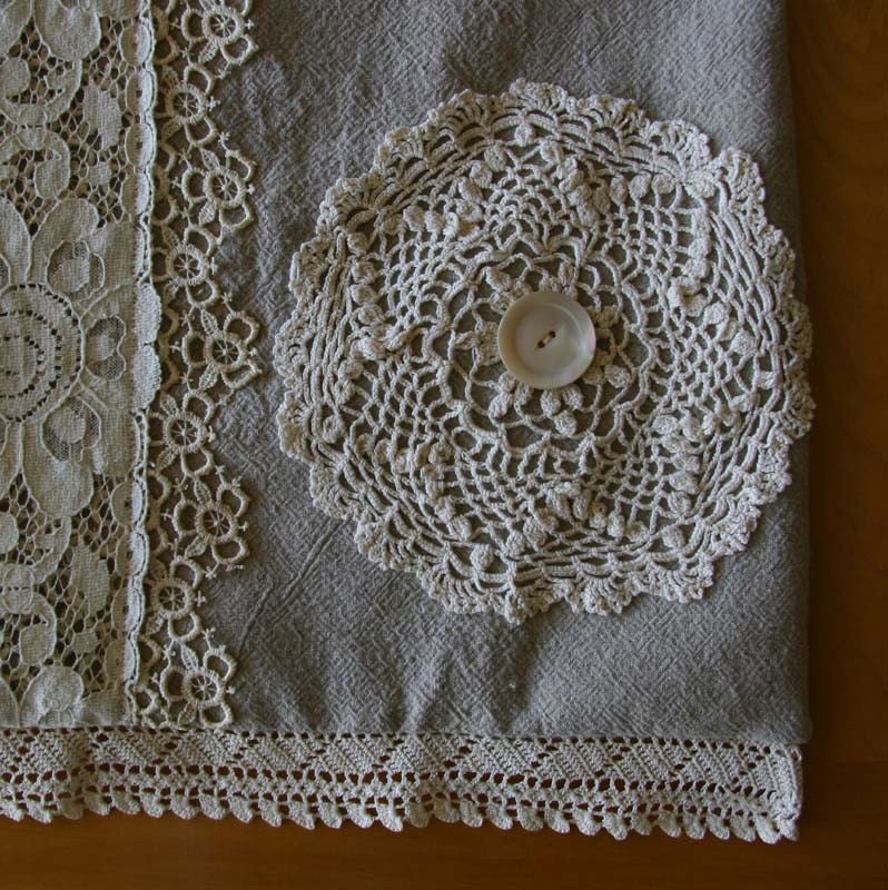 Fab OOAK Handmade Linen Shoulder Bag with Vintage Lace Trim