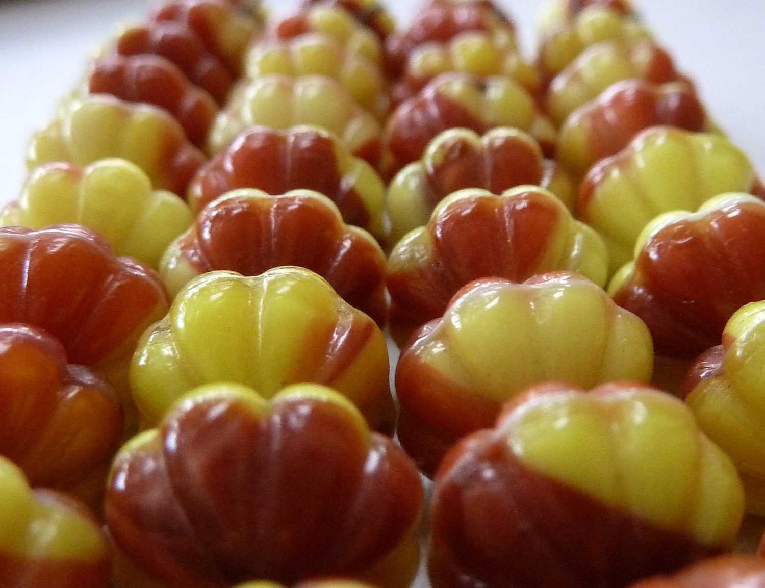10 Vintage Japanese Glass Beads - 8x10mm - Yellow/Pumpkin Brown - Autumn Colors