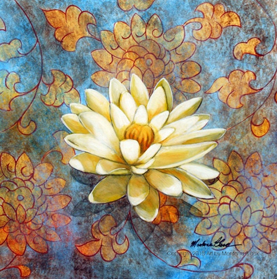 Lotus Flower Art Print  - Lotus Print - White Lotus on Blue  - 11 x 14