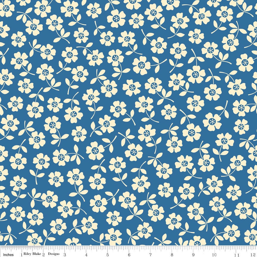 Blue and Cream Floral Toss Fabric, Seaside by October Afternoon for Riley Blake, Bikini Print in Blue, 1 Yard