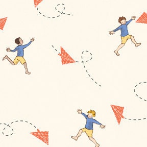 Paper Airplane Fabric, Children At Play Over the Fence By Sarah Jane for Michael Miller, Chasing Airplanes Print in Cream, 1 Yard