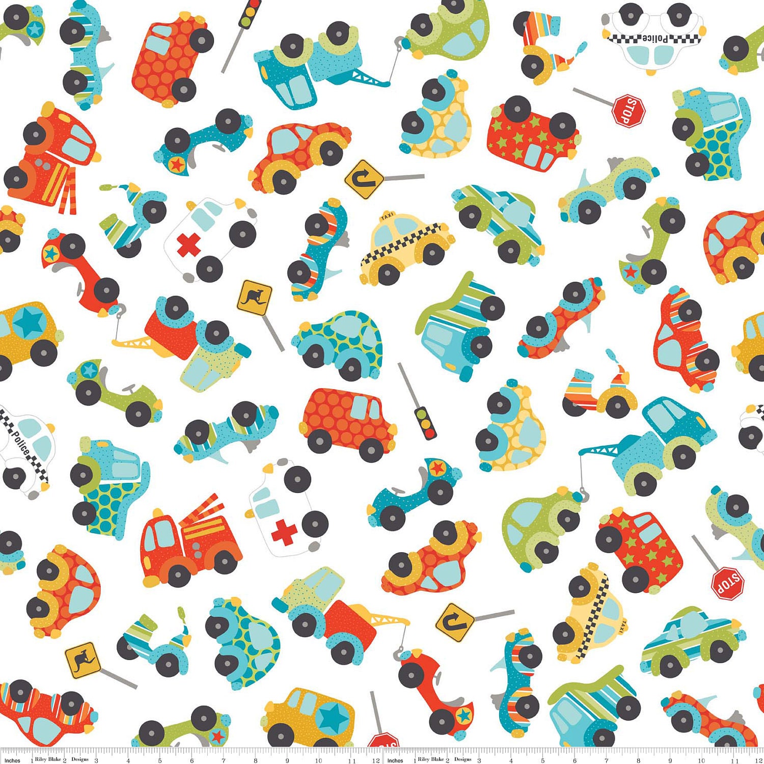 Bright Aqua and Red Boy Car Fabric, Peak Hour By Kellie Wulfsohn For Riley Blake, Main Print in White, 1 Yard