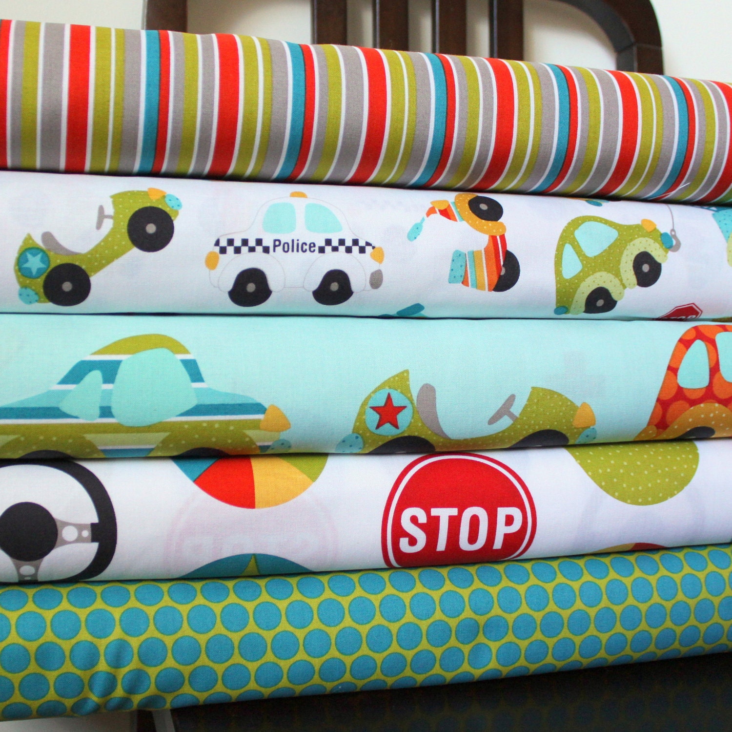 Bright Aqua and Red Boy Car Fabric, Peak Hour By Kellie Wulfsohn For Riley Blake, Fat Quarter Bundle, 5 Prints Total