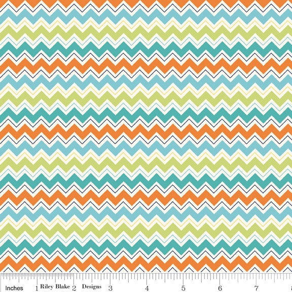 Aqua and Orange Chevron Fabric, Dress Up Days For Riley Blake, Chevron Print in Aqua, 22 Inches