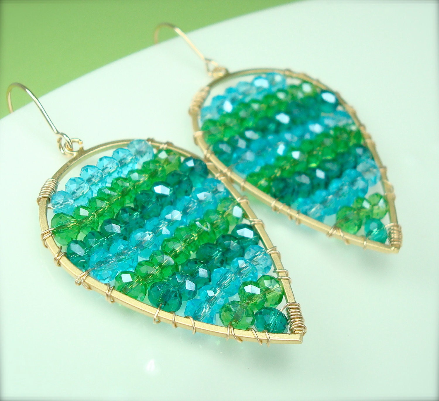 Teal Aqua and Green Crystal Earrings
