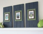 Set of 3 Framed Owl Prints Dark Teal and Green Plank Frames with 4x6 Graphic Art Prints