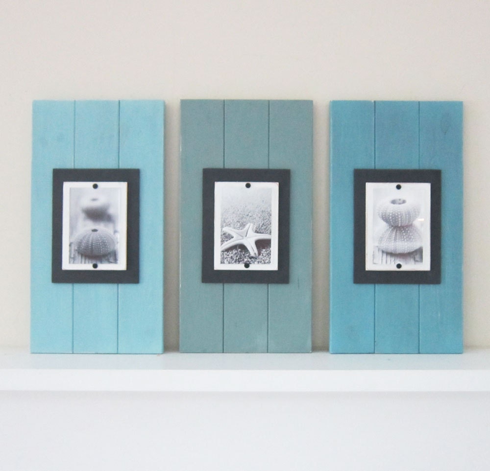 Set of Three Long Cottage Plank Frames with Shades of Turquoise for 4X6 Pictures