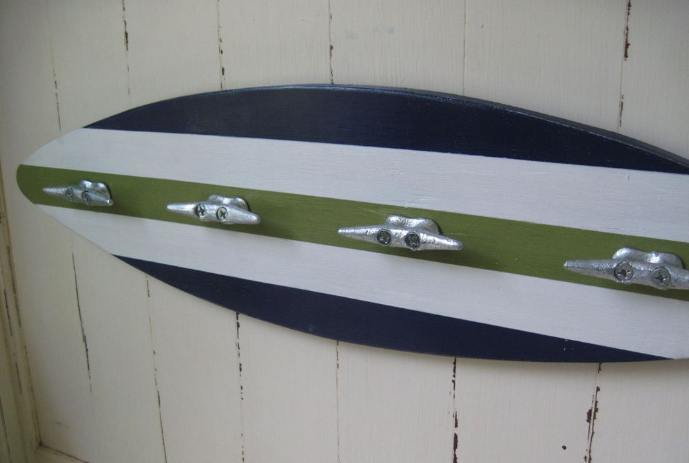 Navy and Green Wood Surfboard Coat Rack with Boat Cleats
