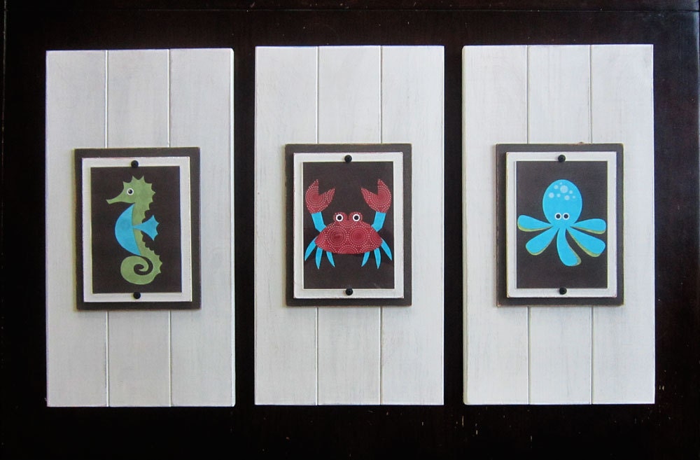 Set of 3 Long White Plank Frames with 5x7 Sea Animals Prints