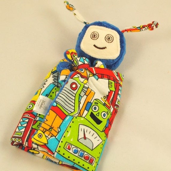 Robot Lovey Blanket Soft Baby Toy Blue Minky Robot by Koddalie