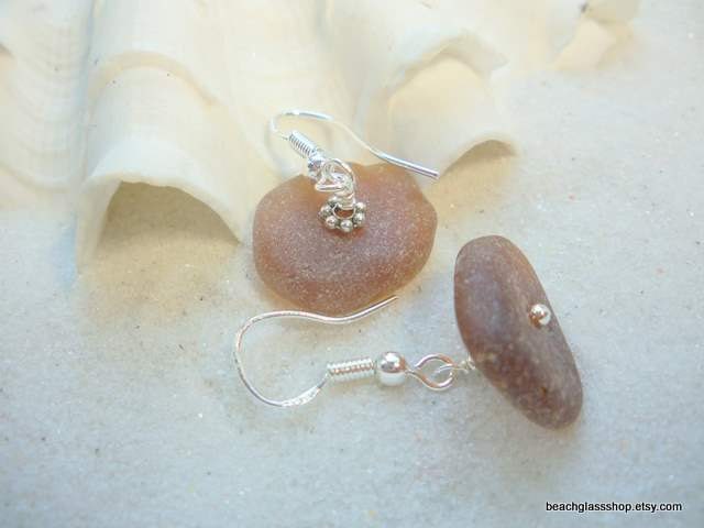 Beach Glass Sea Glass Brown Earrings