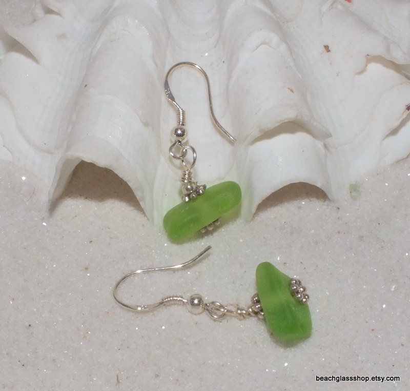 Beach Glass Sea Glass Green Earrings FREE Shipping