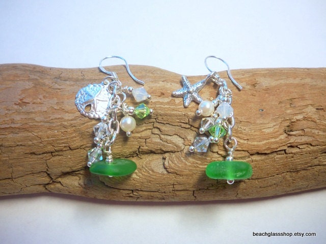 Earrings  Seaglass Beachglass Whimsical Embellished Lake Erie
