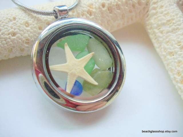 Sea Glass Floating Charm Beachglass Locket Repurposed Jewelry FREE SHIPPING