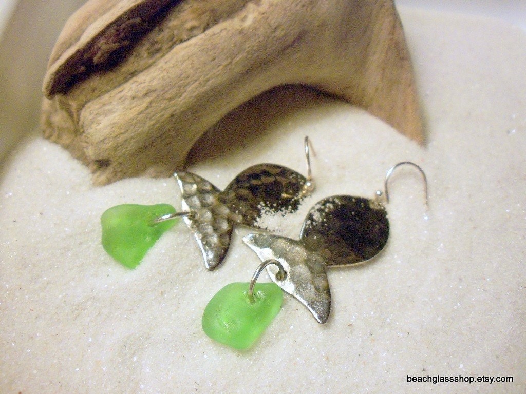 Sea Glass Beach Glass Lime Green Fish Charm Earrings