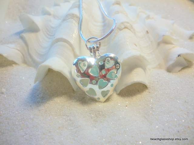 Sea Glass Locket Necklace Pale Blue Frosted White Seaglass