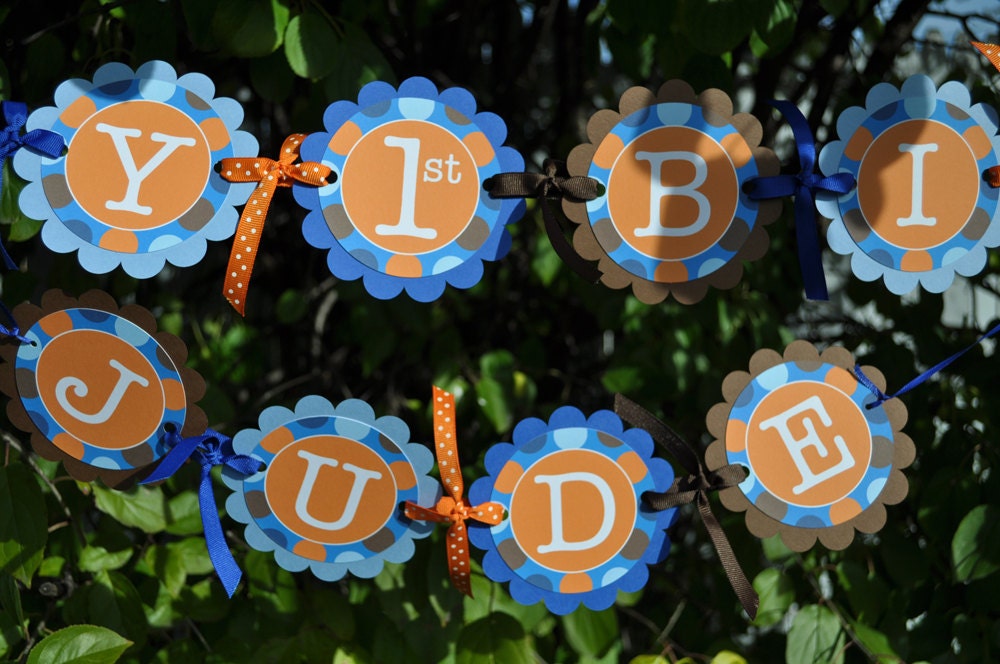 Boys 1st Birthday Banner - Blue, Orange and Brown Polkadots - Personalized - Boys Birthday Party Decorations