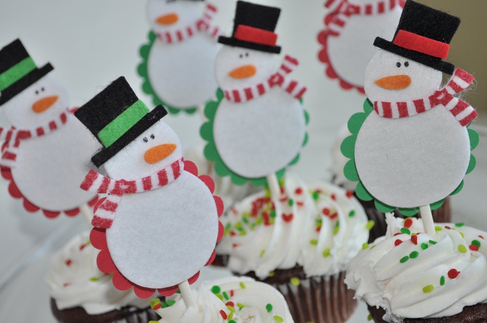 12 Snowman Cupcake Toppers - Christmas Decorations, Holiday Parties or Birthdays, Christmas Cupcake Toppers