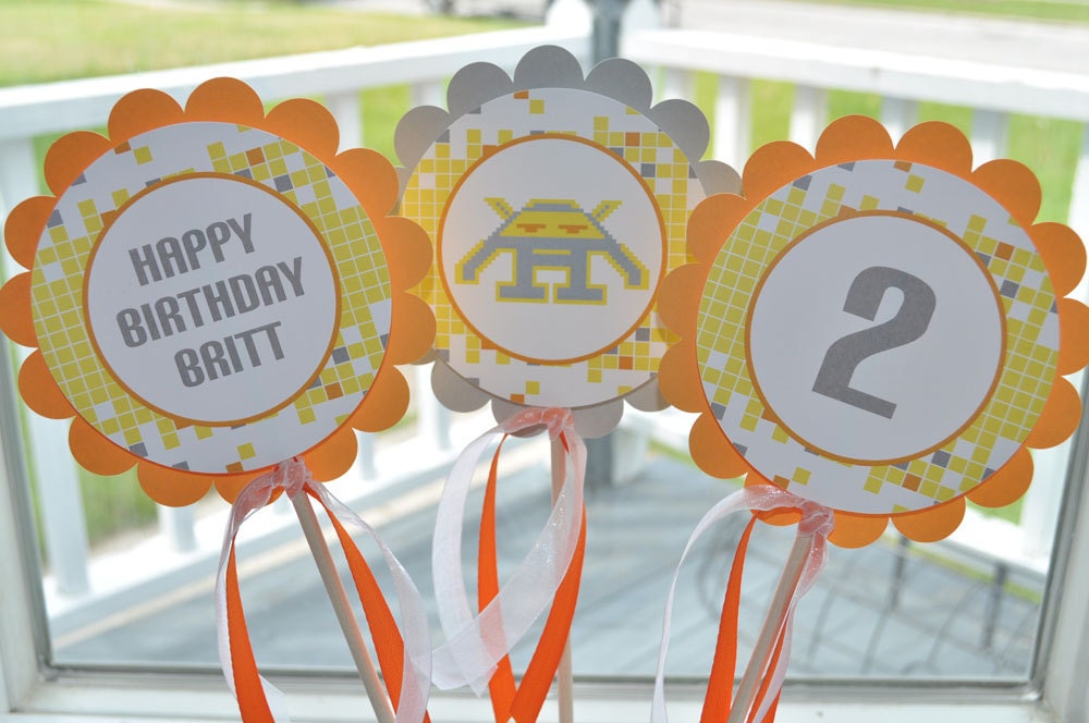 3 Boys Birthday Centerpiece Sticks - Robot Space Invaders Aliens - Boys Birthday Party Decorations