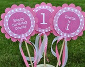 3 Centerpiece Sticks - Polkadots Pink and White - Personalized - Girls Birthday Party Decorations