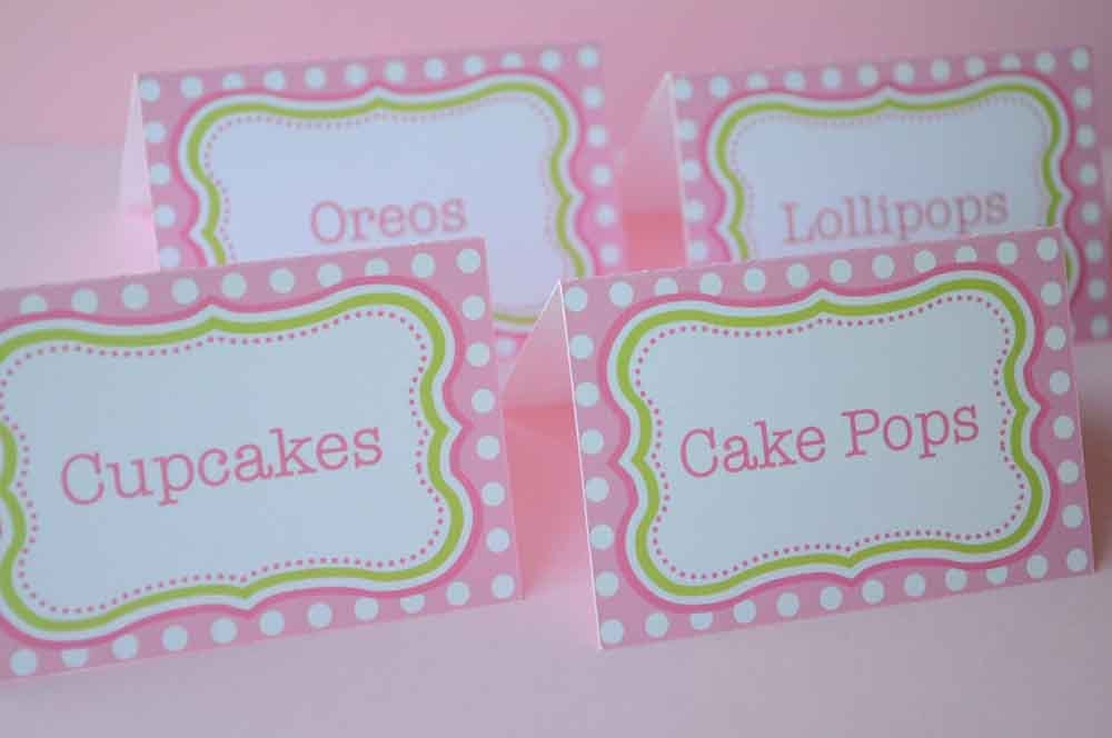 12 Birthday Party Food Labels Tent Cards or Placecards - Polkadots Pink and Green - Personalized Il_570xn