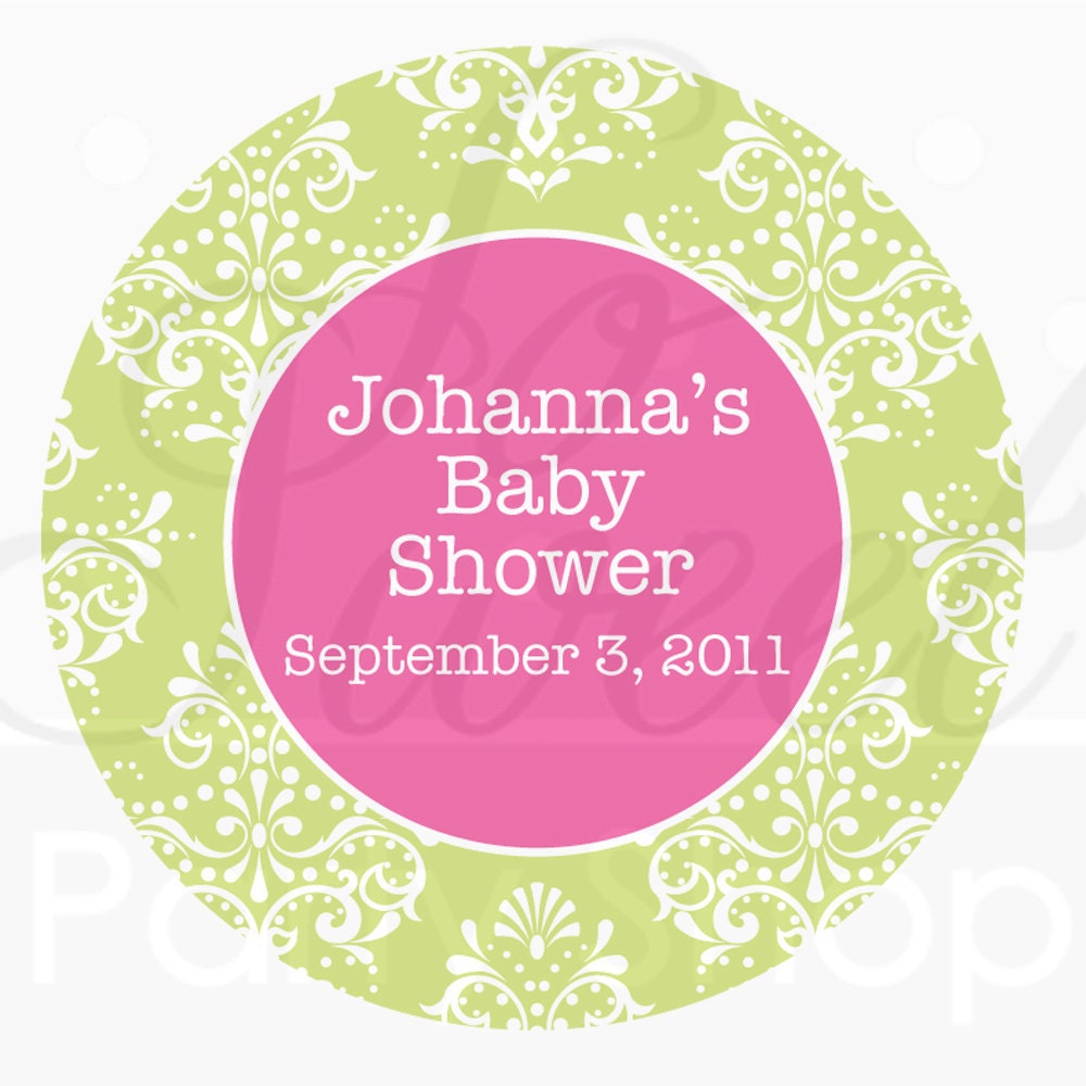 24 Favor Sticker Labels Girls Baby Shower or Birthday - Pink and Green Stripe and Damask Il_570xn