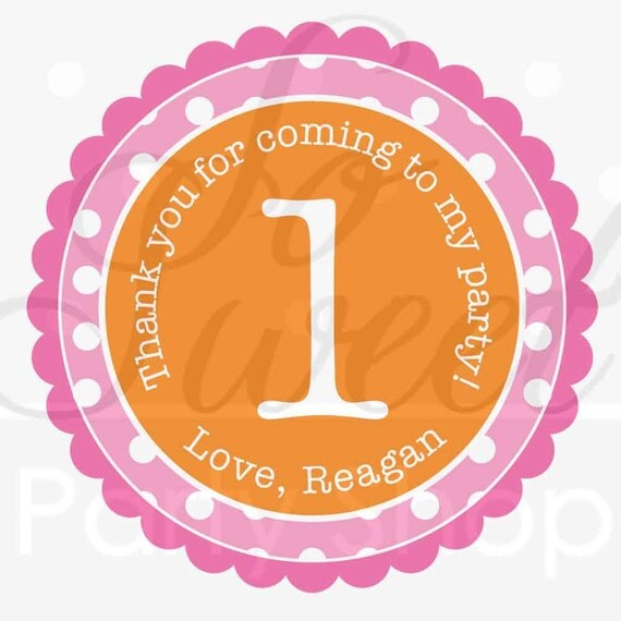24 Birthday Favor Sticker Labels - Girls 1st Birthday - Orange, Pink and White Polkadots Il_570xn