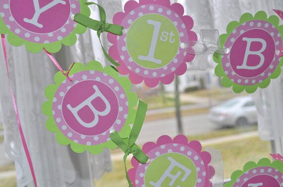 1st Birthday Banner - Polkadots Pink and Lime Green - Girls Birthday Party Decorations Il_570xn