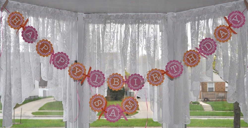 Birthday Banner - Girls 1st Birthday Party Decorations - Orange, Pink and White Polkadots