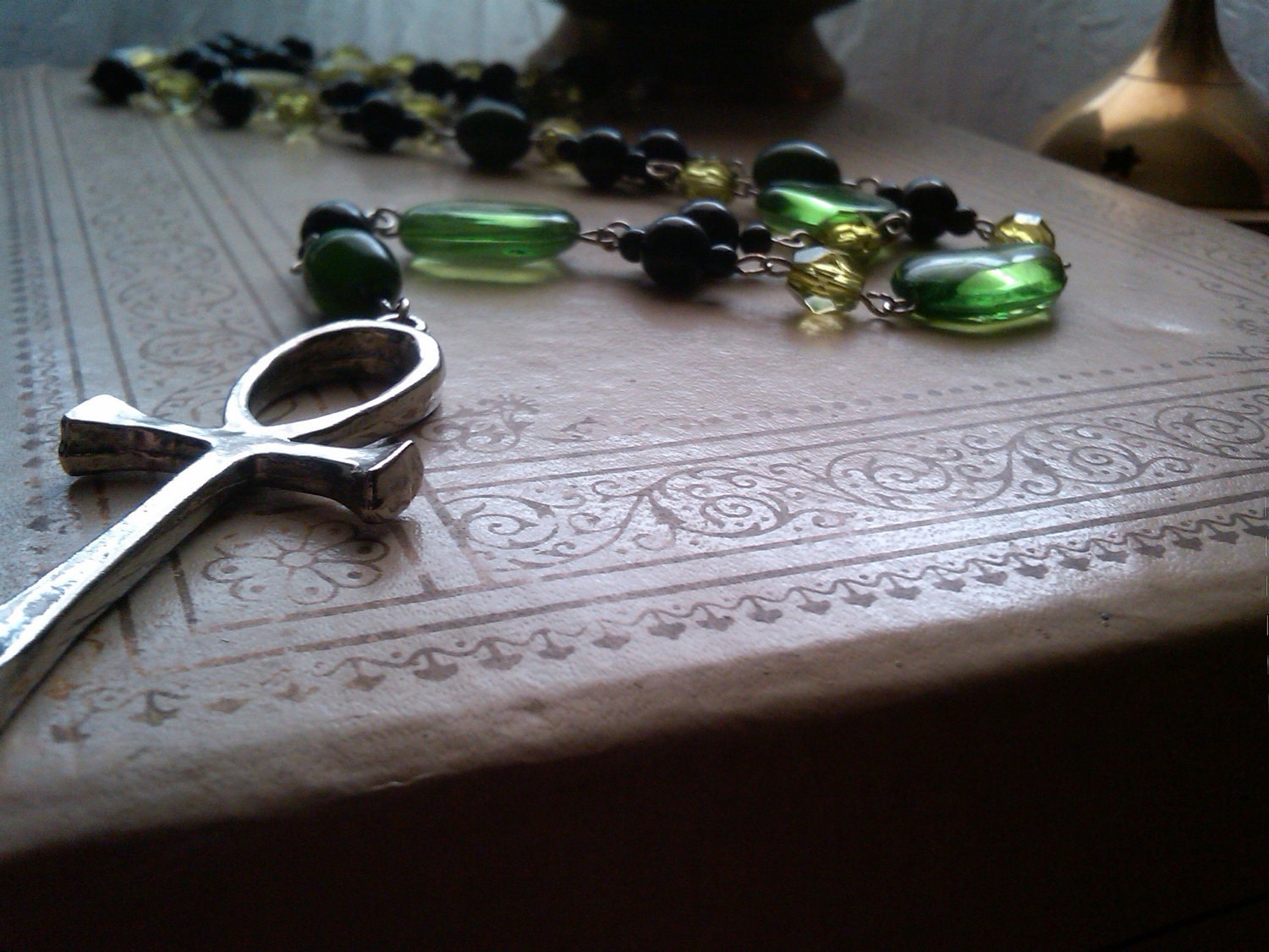Mystic Green - Rosary Style Anhk Necklace in Greens and Blacks