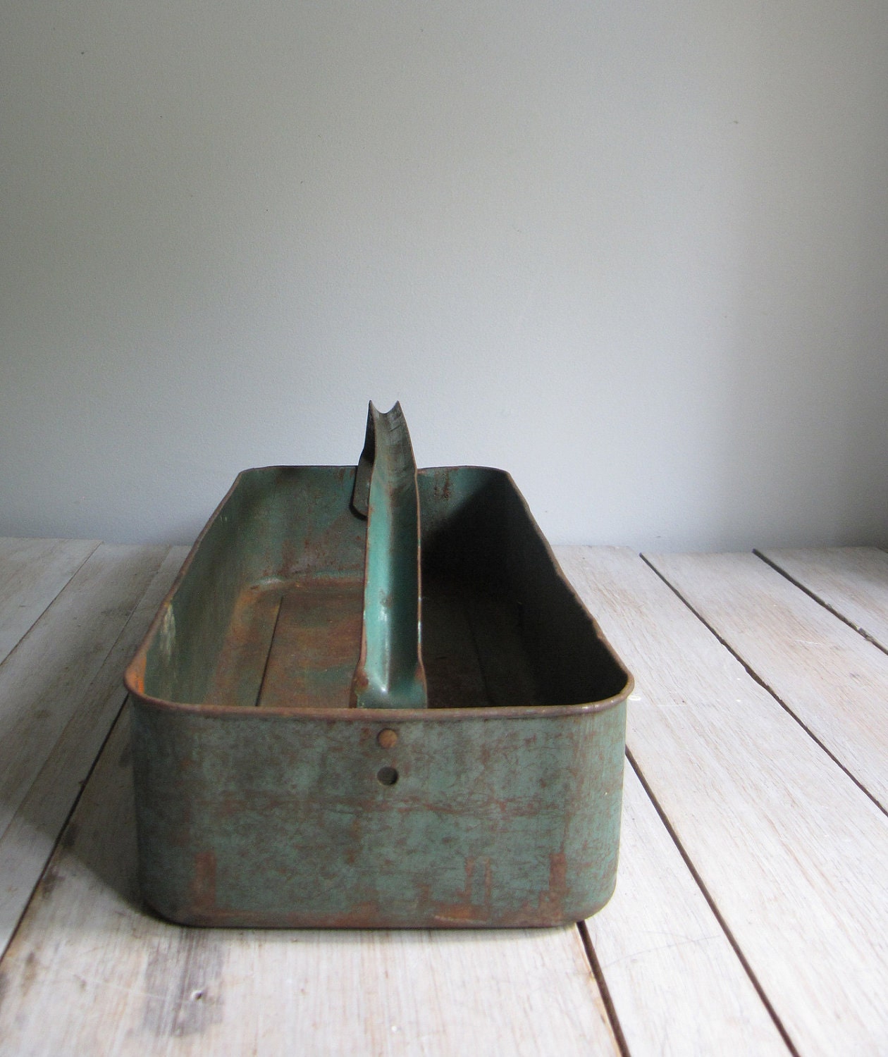 vintage industrial green metal tote