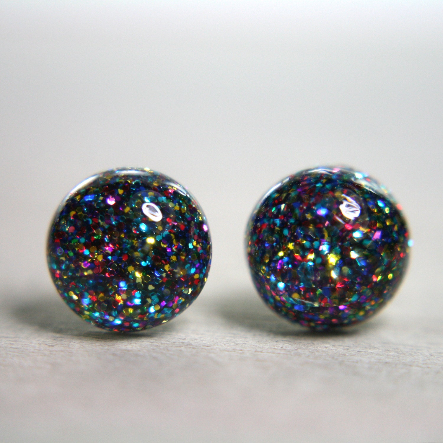 globe earrings with rainbow sparkles - 8mm multicolor earrings galaxy studs