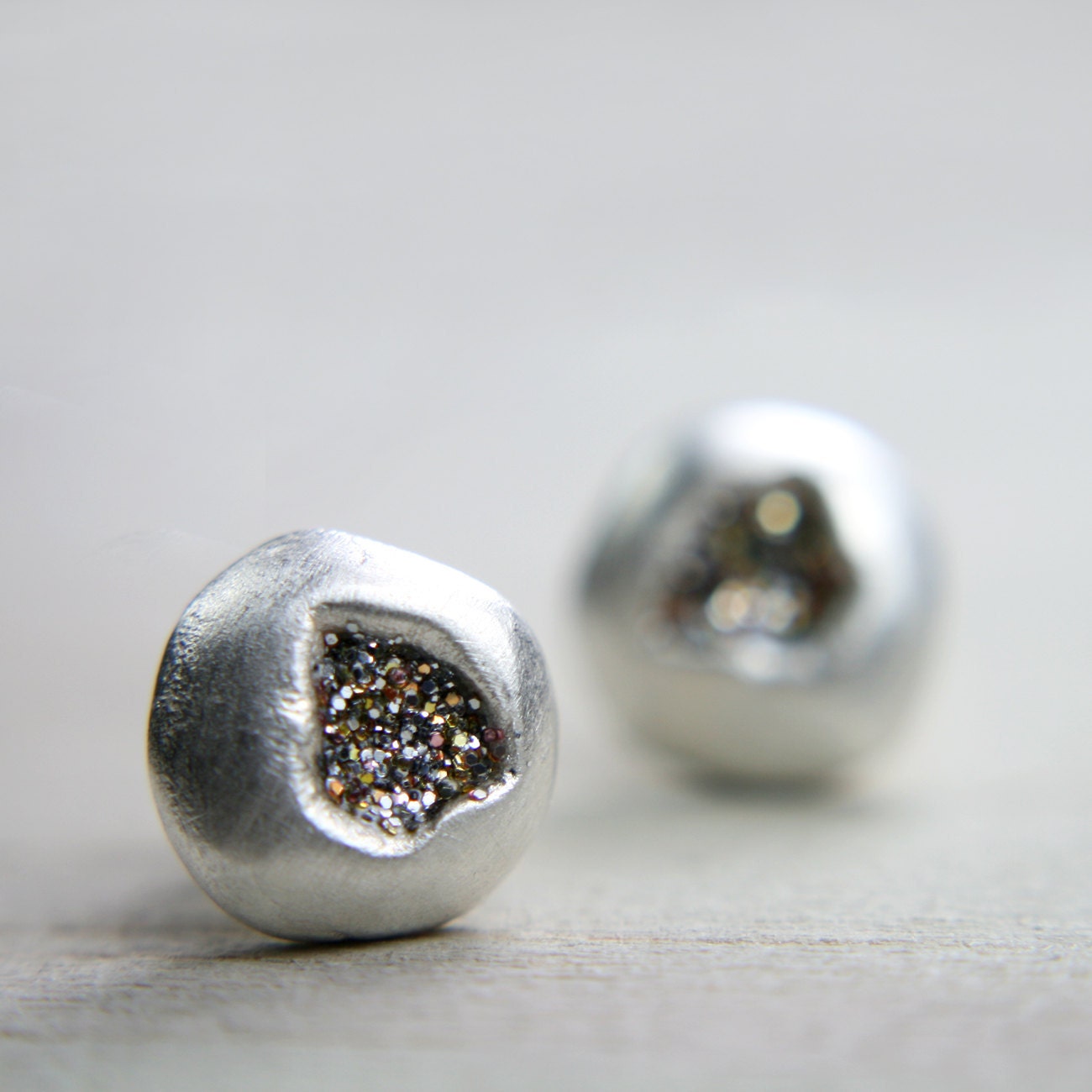 silver pebble studs with gold sparkles - glitter post earrings