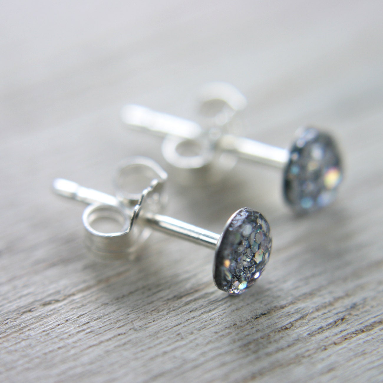 super tiny circle post earrings in iridescent silver - glitter earrings round post earrings