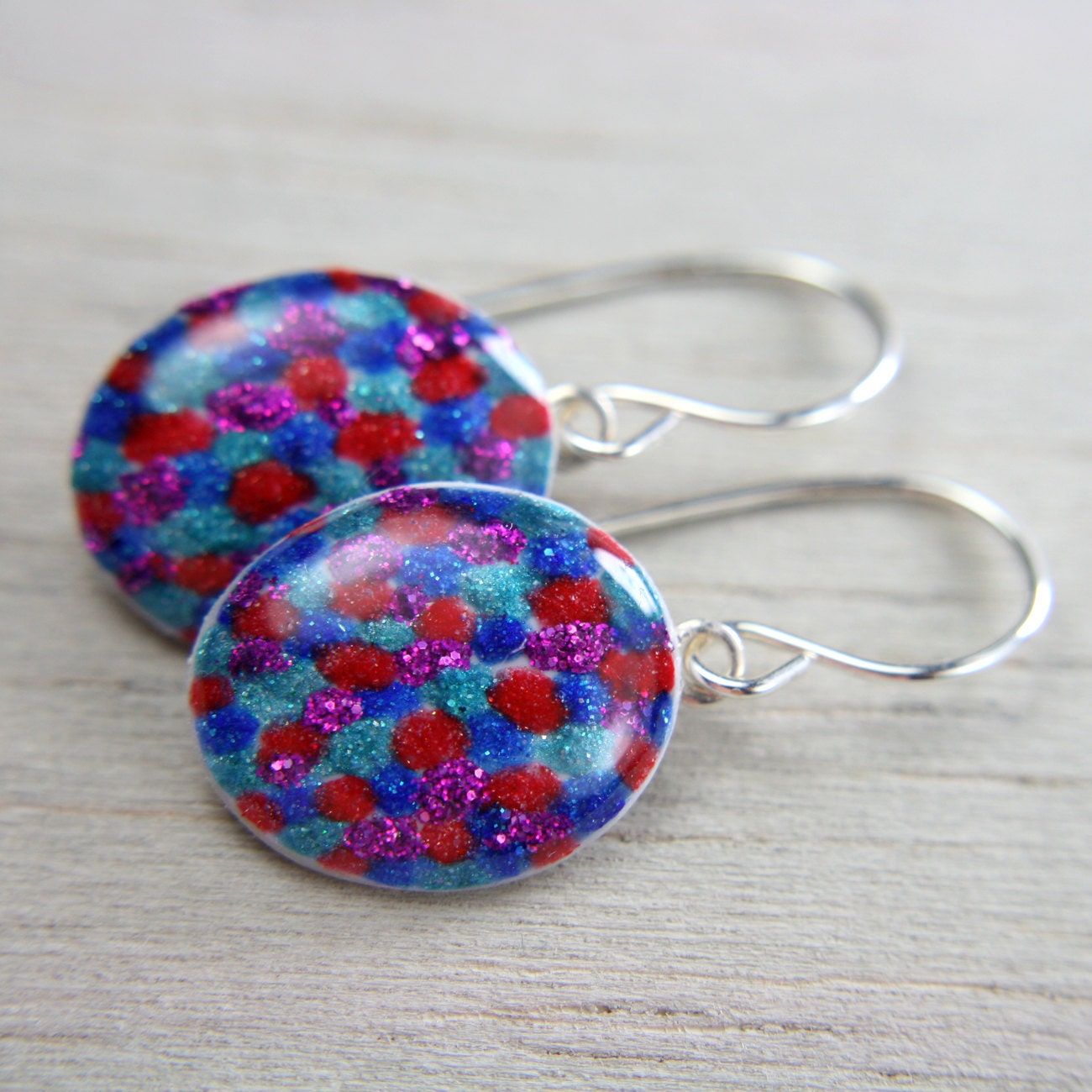 multicolor dangly earrings - sparkly purple, red, aqua, and cobalt blue