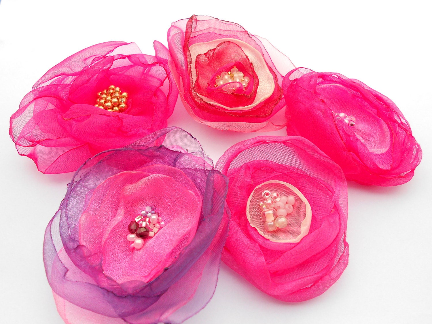 Organza Flower Pin Hot Pink set of 5 SALE