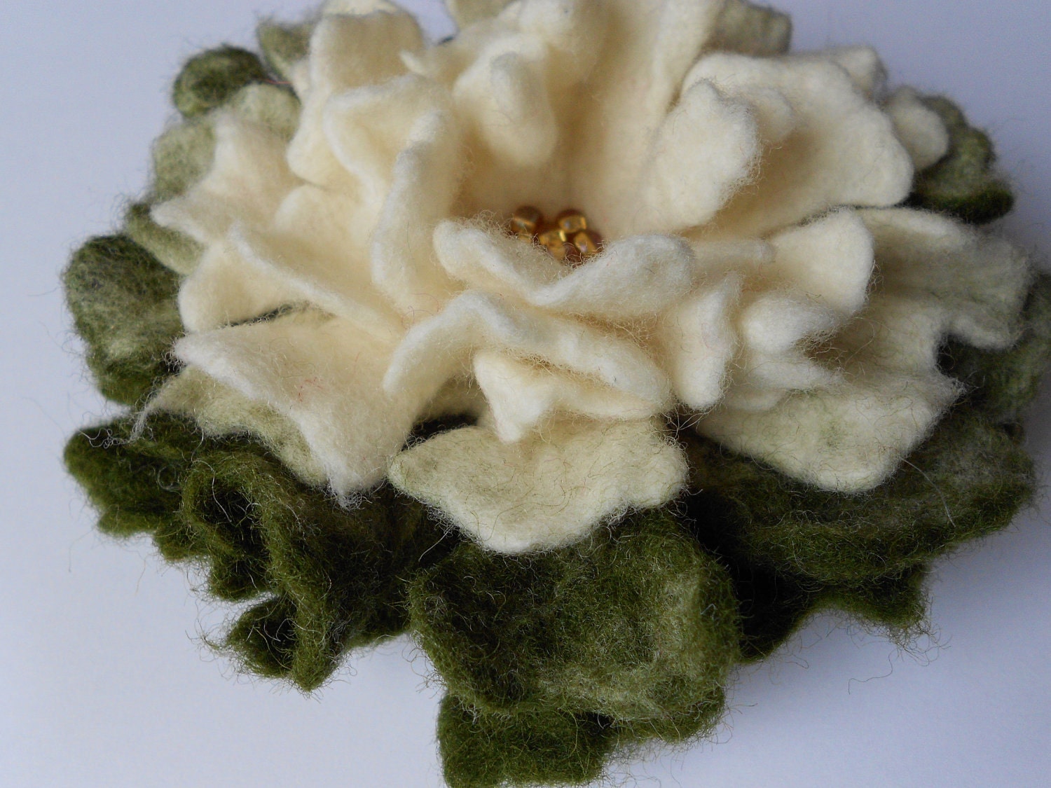 Wool Felted Flower Pin White Snow Moss Green