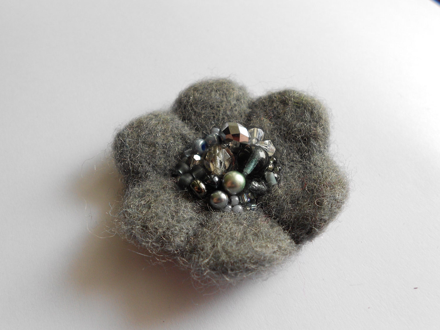 Gray Wool Felted Spring Rain Flower Pin