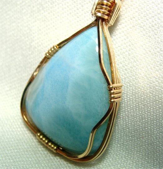Handmade RARE Larimar Stone PENDANT Wire Wrap in Gold