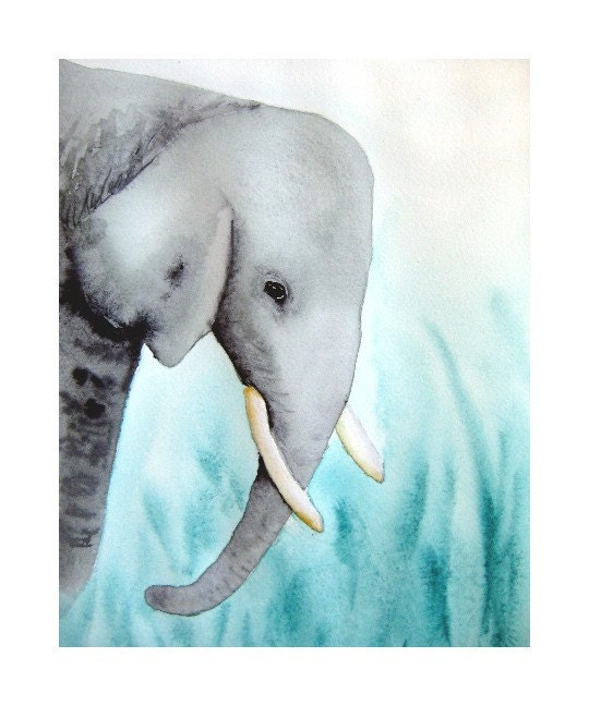 Elephant - 8x10 inch Fine  Art Print -home decor elephant art aqua and gray home decor, elephant nusery art