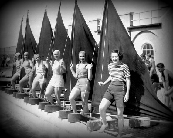Nautical photography SAILOR GIRLS 11x14 art sailing sailboat babes B and W coastal decor print 1930s beach lover gift Nostalgia