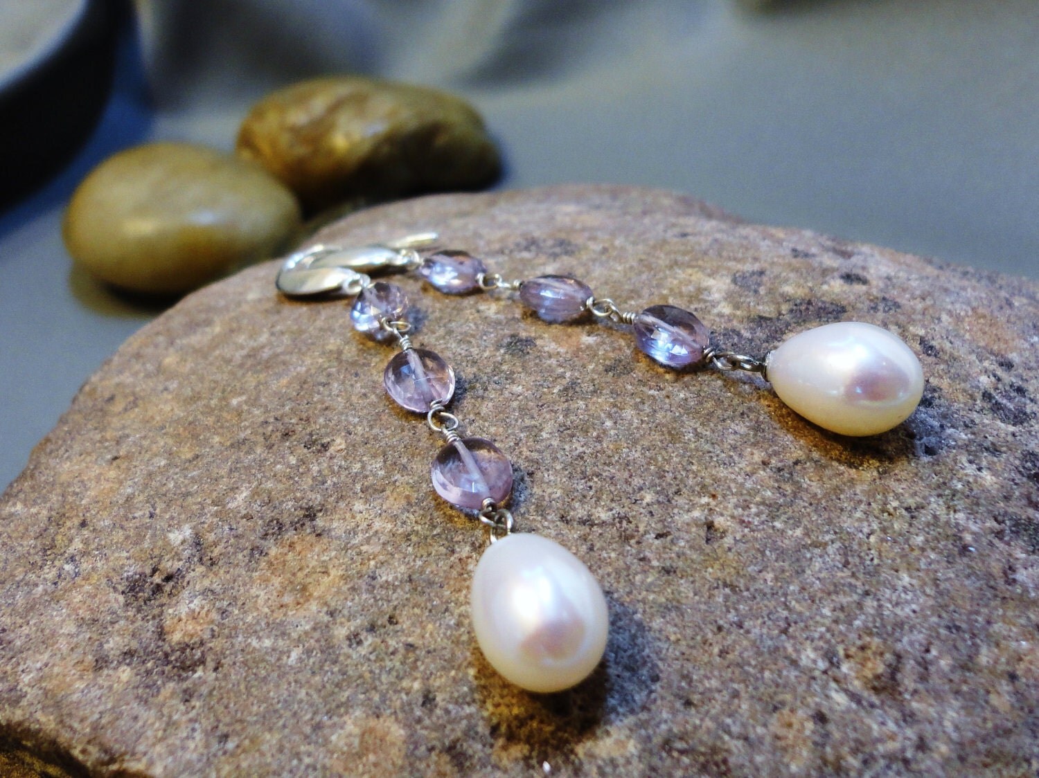 White Pearl and Rose Amethyst Dangle