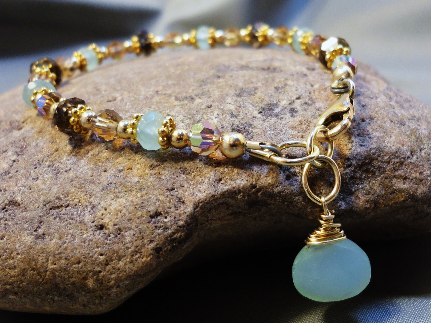 Peruvian Aqua Chalcedony Bracelet - 14k Gold Filled with Smokey Topaz and Swarovski Crystal Topaz AB