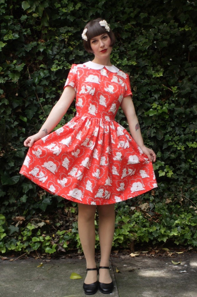 SALE - Kittens in Love dress with white peterpan collar size AU10