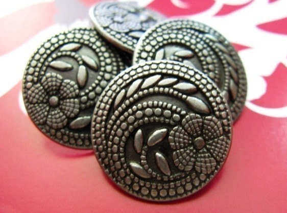 Flower Metal Buttons - Set 10 Thin Gunmetal Carved Floret Buttons,Gardens Feeling. 0.91 inch.