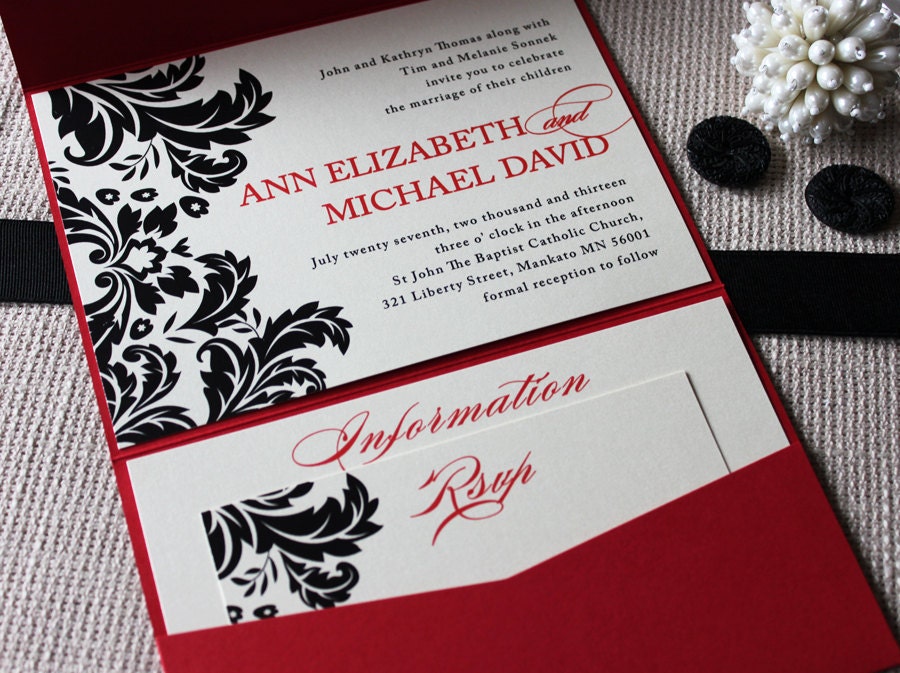 Damask Wedding Invitation Collection shown in black, red and ivory, FREE shipping