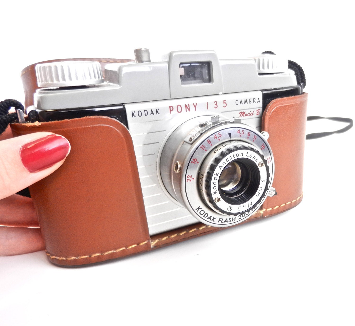 Vintage Kodak Pony 135 Camera - Brown Leather Field Case / Mid Century Photography