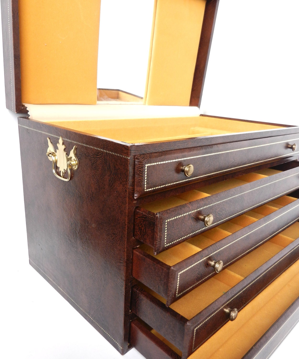 HUGE Vintage Jewelry Box - Large Designer Mele Organizer / Golden Brown