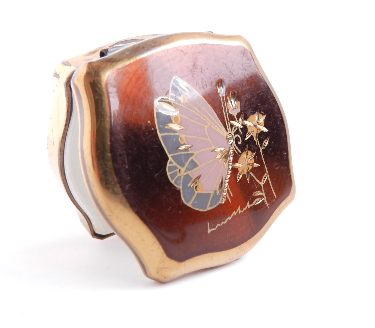 Vintage Pill Box - Butterfly Gold Tone Stratton England Container / Gilded Butterfly